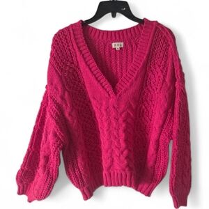 POL Hot Pink Cable Knit V-Neck Sweater